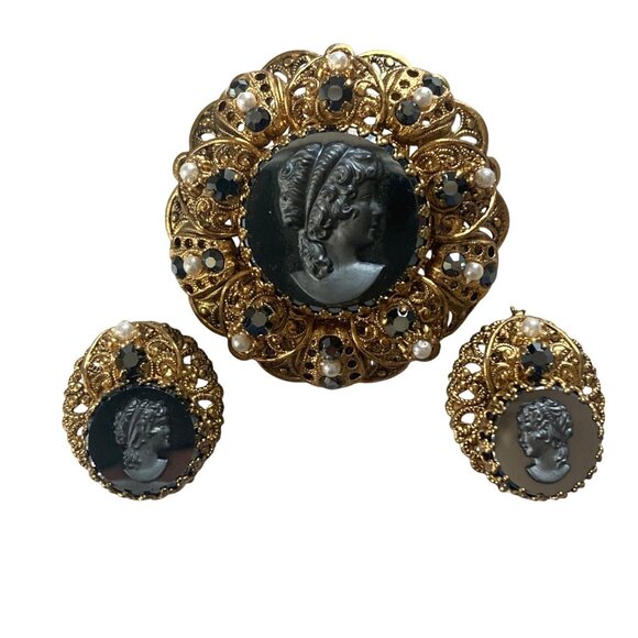 Vintage West Germany Black Cameo Brooch Earrings Set Gold Tone Regency Victorian - Picture 1 of 11